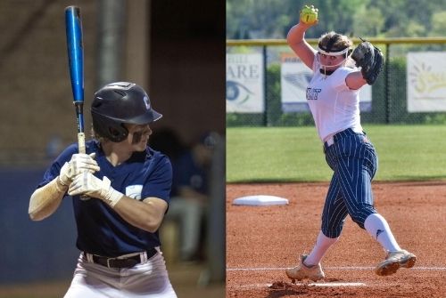 Centennial’s Cannon Plowman batting during a baseball game and Summit’s Lily Kate Richards pitching during a softball game.